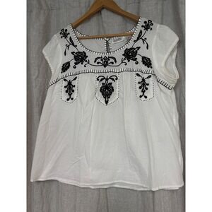 Forbidden Los Angeles White Cotton Embroidered Boho Cap‎ Sleeve Top XL